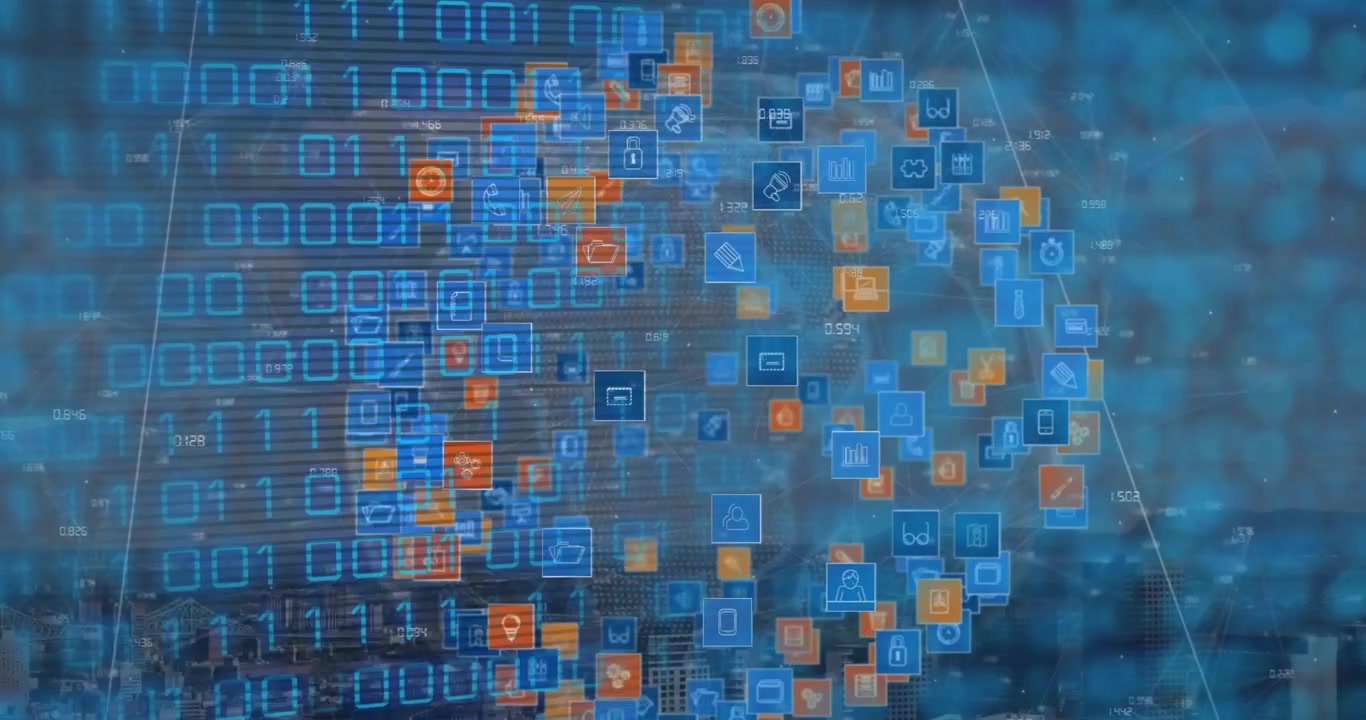 Animation of binary code over globe made of icons