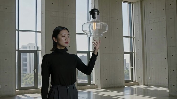 Reaching after gazing at pendant lamp, woman in black top touching glass shade at concrete loft