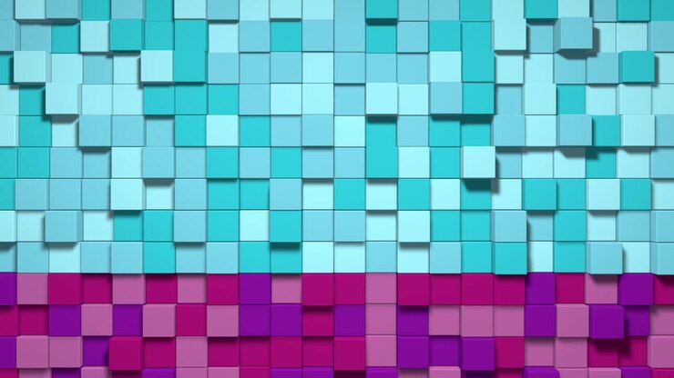Geometric mosaic waves pattern. Construction of hills landscape using multicolored blocks, blue sky. Pixel background. 3d animation loop of 4K