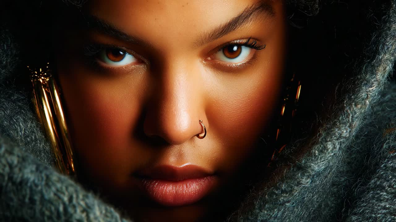 A Captivating Portrait of Intensity: This Series of Frames Celebrates Deep Expressions With Close-Up Focus on Eyes and Facial Features, Enveloped in a Textured Fashionable Attire