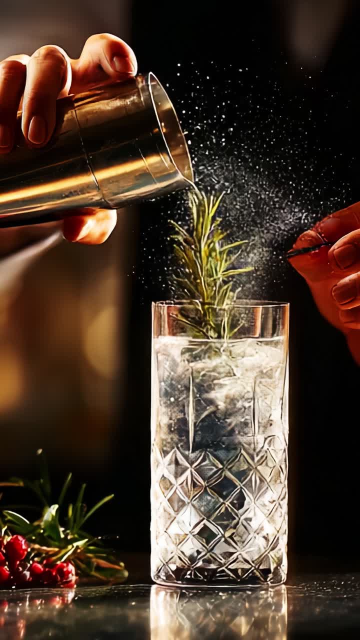 Preparazione di un cocktail rinfrescante: un barman esperto agita e guarnisce una bevanda squisita con rosmarino fresco e ingredienti vivaci per un servizio perfetto