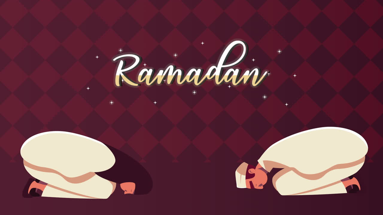 animazione di lettere di ramadan kareem con un personaggio di coppia musulmana che prega