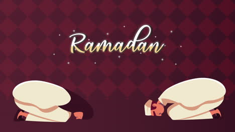 ramadan kareem lettering animation with muslim couple praying character