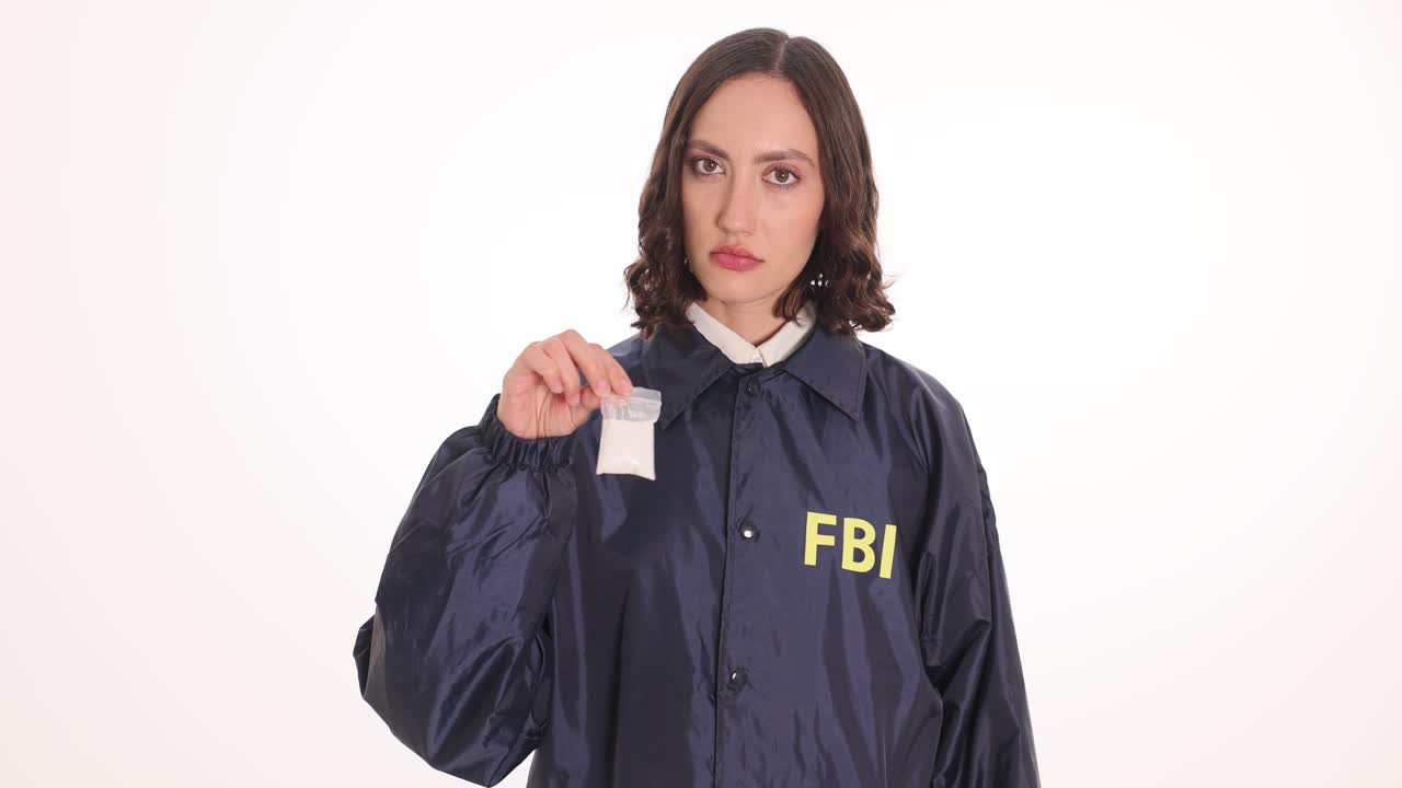 Agente donna dell'FBI tiene delle manette e un sacchetto di prove per un'indagine.