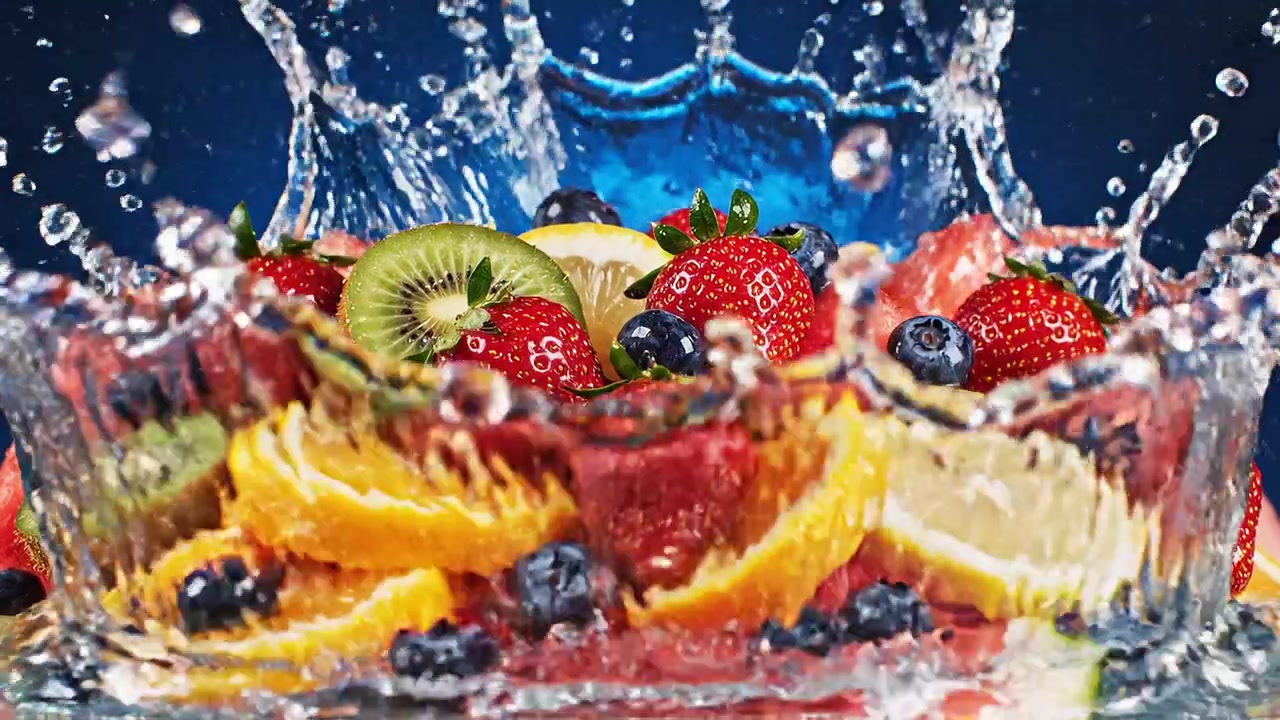Frische gemischte Früchte, die in Wasser auf blauem Hintergrund spritzen