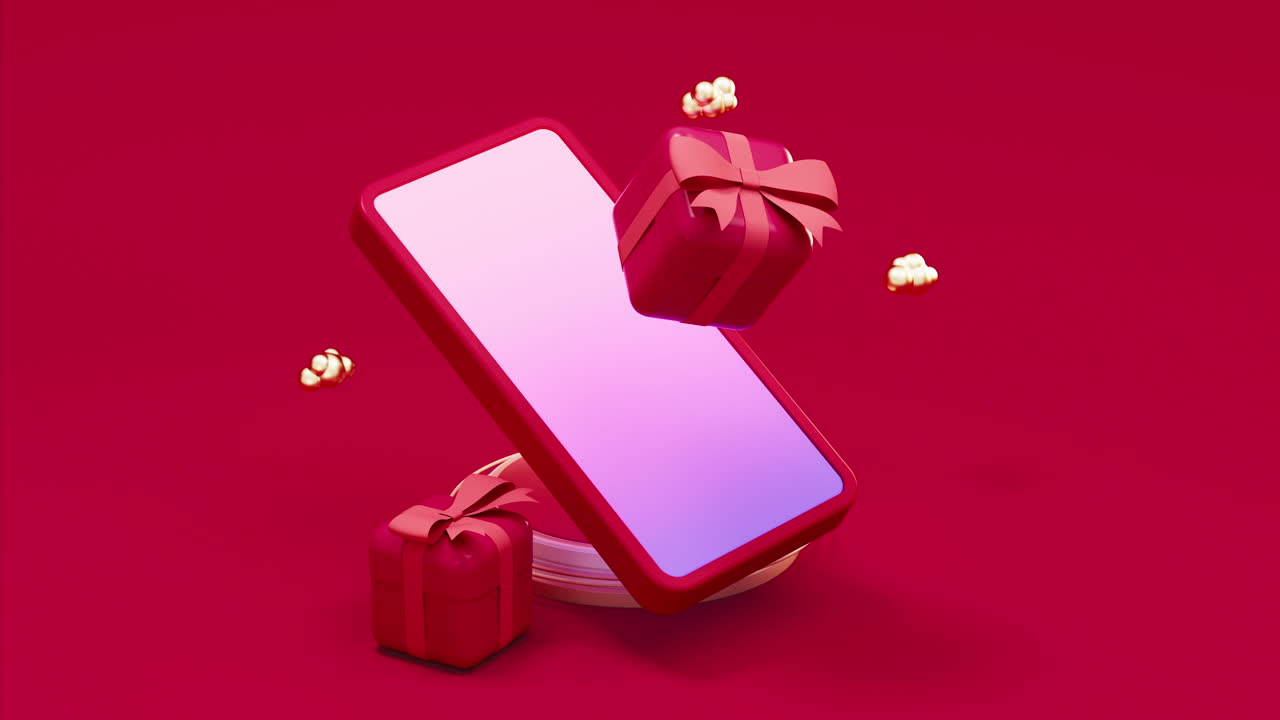 Animazione in loop di telefono cellulare e regali, rendering 3D