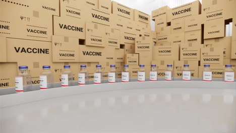 las botellas de vacuna en la línea de producción. la vacuna contra el coronavirus ha sido certificada y está lista para la inyección. muchas familias están esperando ser vacunadas contra la covid-19 y el sars, animación de renderización de bucle 3d.