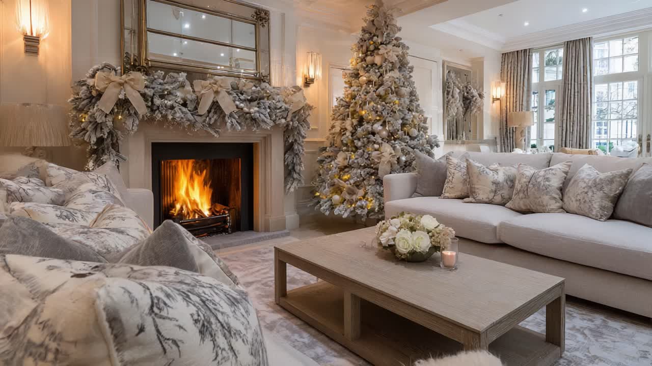 A Cozy Winter Living Room with a Beautifully Decorated Christmas Tree, Elegant Fireplace, Plush Seating, and Warm Lighting Creates a Perfect Ambiance for the Holiday Season