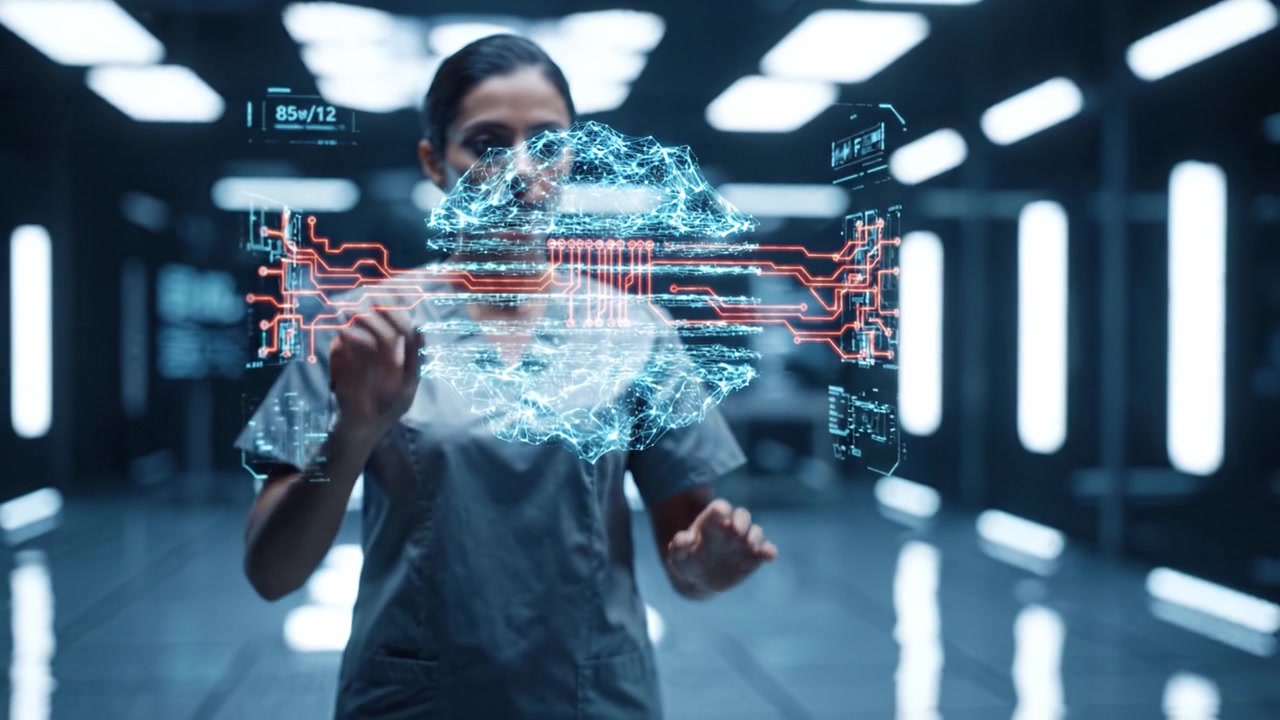 Innovative Technology: A Professional Engaging with Advanced Augmented Reality Interfaces in a Futuristic Environment Showcasing Digital Interaction and Data Visualization