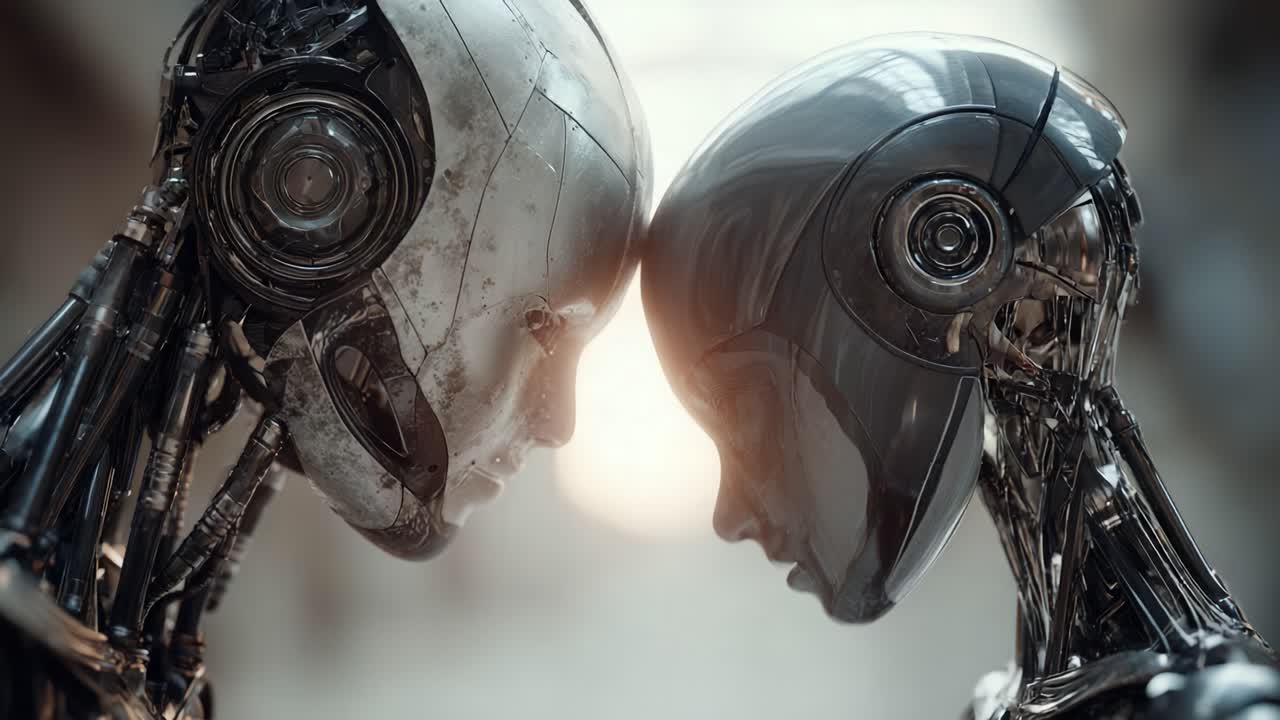A Profound Connection: Two Futuristic Robots Engaged in an Intimate Moment of Understanding and Emotion, Exploring the Depths of Artificial Intelligence and Fellowship