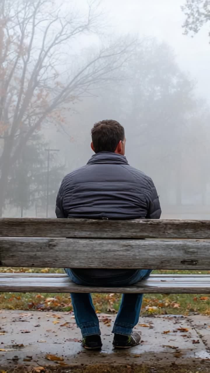 Un momento di solitudine: un uomo seduto su una panchina in un parco nebbioso, immerso nella riflessione nella tranquilla atmosfera autunnale
