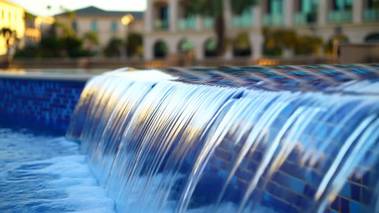 Al centro della sequenza video, l'acqua si riversa sul bordo piastrellato di una piscina, creando una cascata fluida che si getta in una piscina blu.