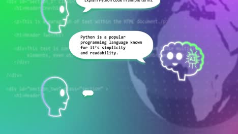 animación de chat de ia en línea y procesamiento de datos en todo el mundo en fondo verde.