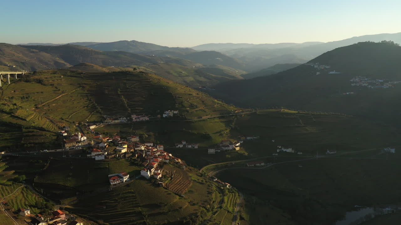 Veduta aerea su paesaggio montano con vigneti terrazzati sempreverdi, Portogallo settentrionale.