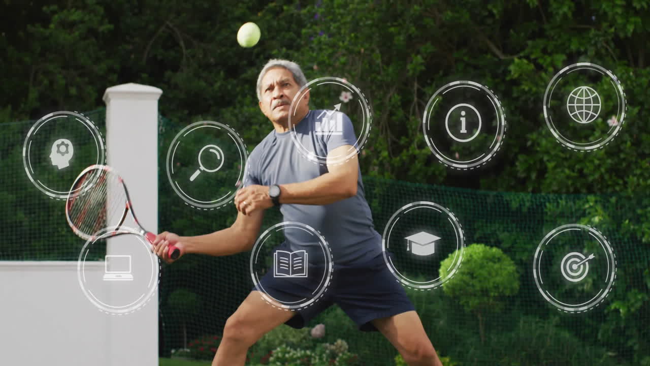 Senior man hitting tennis ball with red racket on outdoor court showing animated health charts