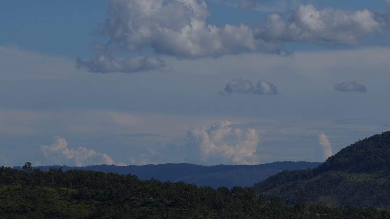Watch clouds gently move across a serene landscape of forested hills and open sky.