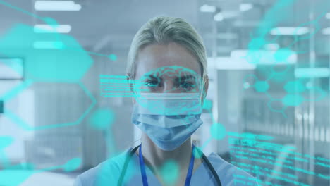 medical data and brain scan animation over healthcare professional in hospital
