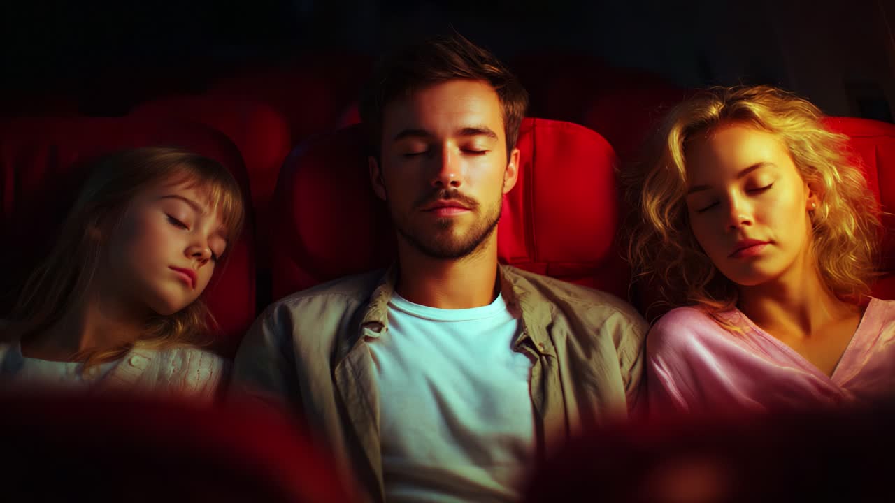 A Serene Moment Captured on a Journey: A Man and Two Girls Enjoying Peaceful Sleep in Comfortable Seats During Their Flight, Surrounded by Soft Lighting in an Aircraft Interior