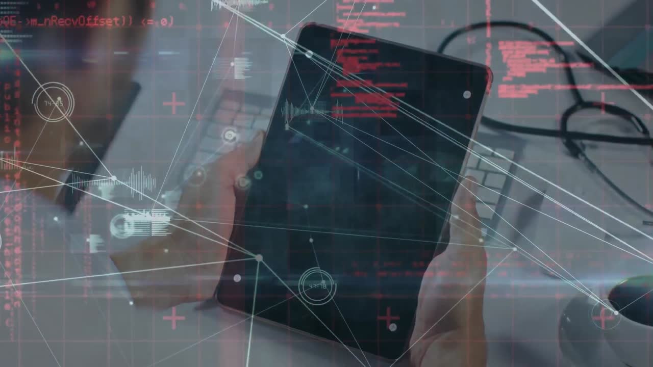 Animation of computing data processing over man using tablet