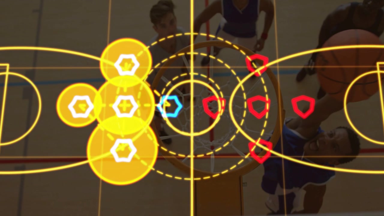 Topdown cam starting overlay while male players moving under rim, marking clusters for sports data