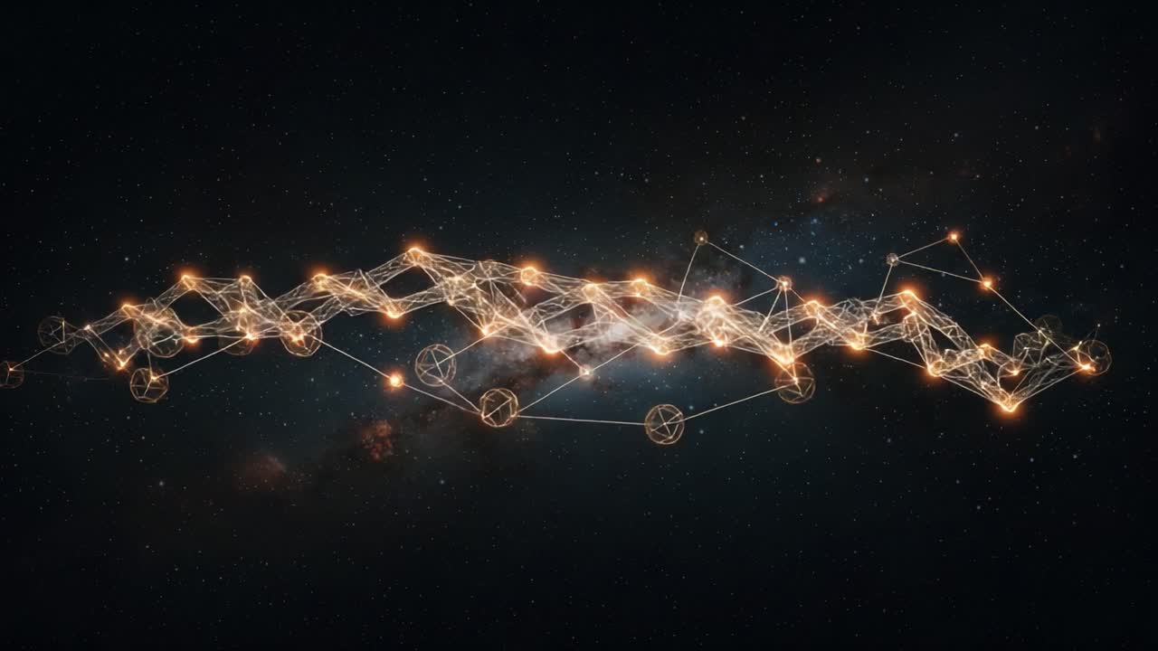 An Intricate Network of Illuminated Connections Against a Cosmic Background, Highlighting the Beauty of Data Visualization and Cosmic Structures in a Multidimensional Space