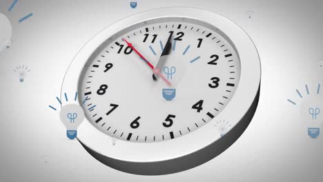 Animation-Von-Glühbirnensymbolen-über-Der-Uhr-Vor-Einem-Hintergrund-Mit-Farbverlauf