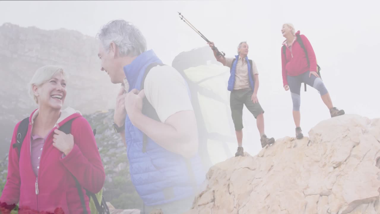 산  ⁇ 에서 하이킹하는 두 명의 행복한 백인 노인 커플의 합성