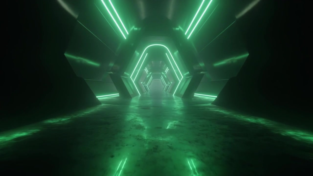 Corridoio fantascientifico futuristico con luci al neon verdi luminose