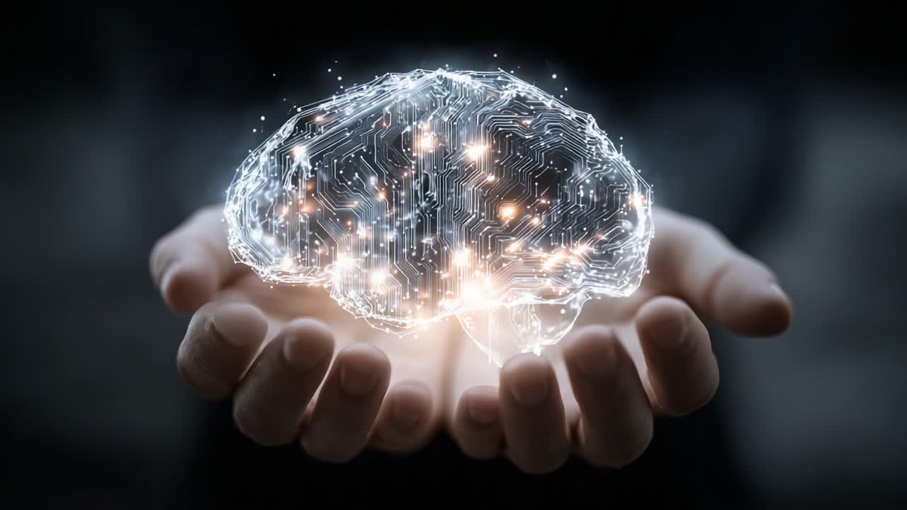 A Human Hand Holding a Glowing Digital Brain Representing Advanced Technology and Neural Connections for Innovation and Future Potential