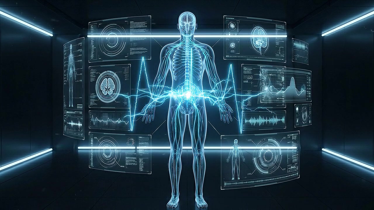 Digital human body standing before multiple medical diagnostic interface screens