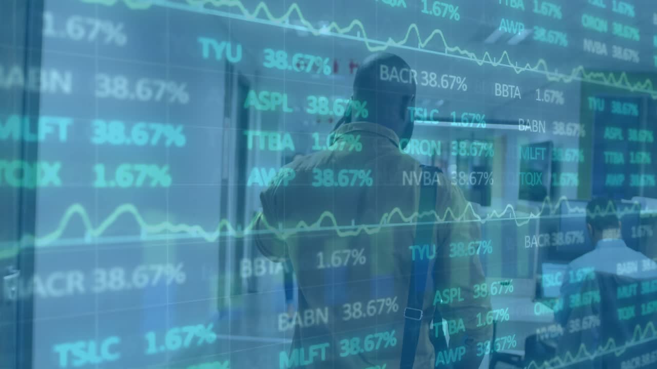 Man in tan shirt entering corridor placing call seeking stock update, animated charts intensifying