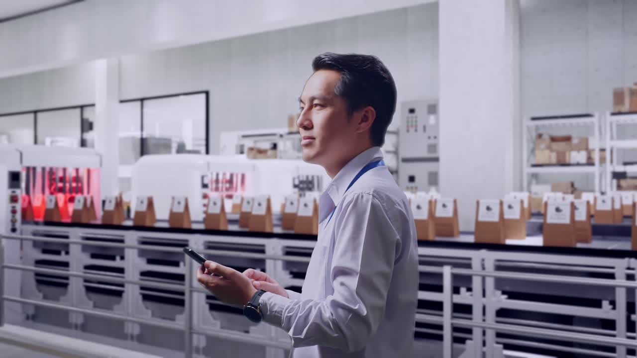Side View Of An Asian Male Professional Worker Standing With Conveyor for Packaging Coffee Beans in Bags at Coffee Factory, Observes By Looking Up Then He Come To Concentrating On The Phone