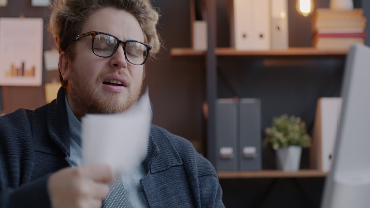 Uomo dall'aspetto stanco mentre legge documenti in ufficio
