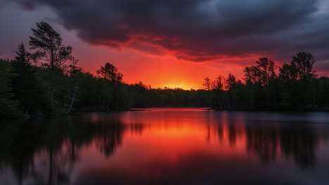 Dramatic Red Sunset Reflection on a Lake with Silhouetted Trees