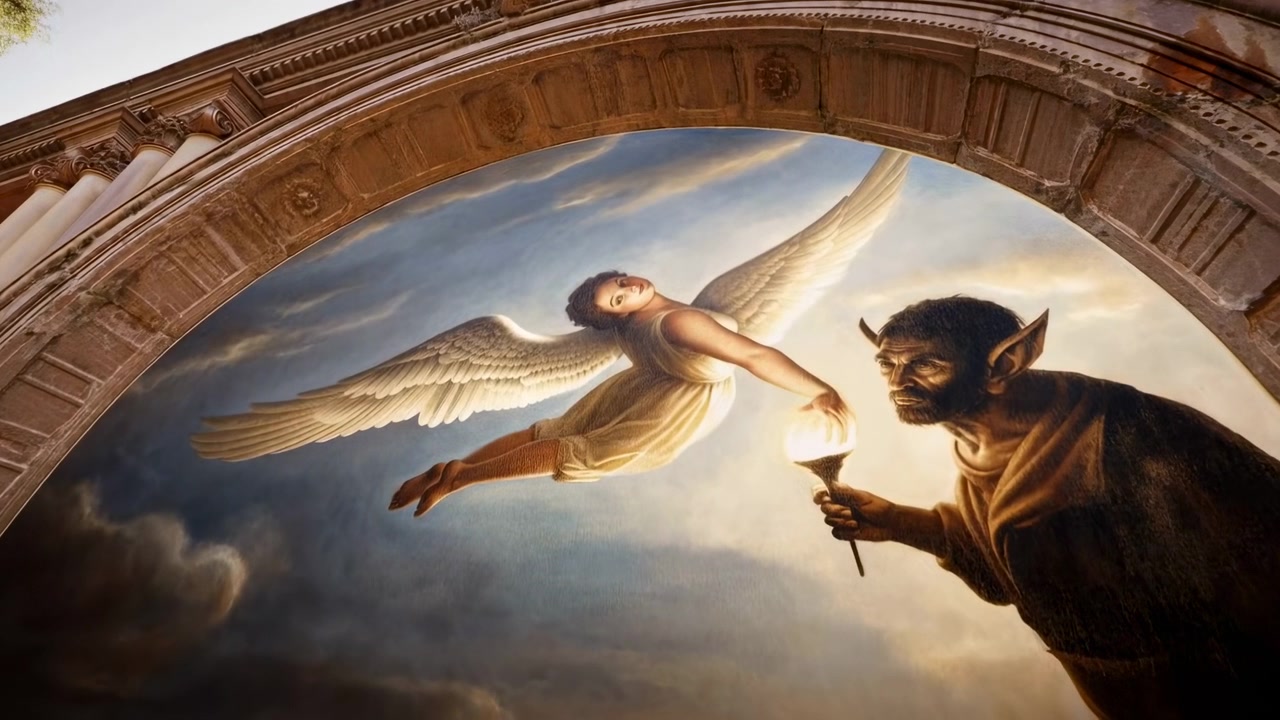Ornate stone arch frames a painted fantasy scene with a winged woman floating at left and a horned figure holding a torch at right. Warm light highlights the curved ceiling, decorative architecture, and dramatic cloudy background
