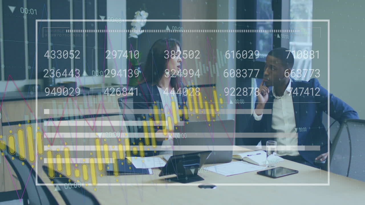 Animation of financial data processing over diverse business people in office