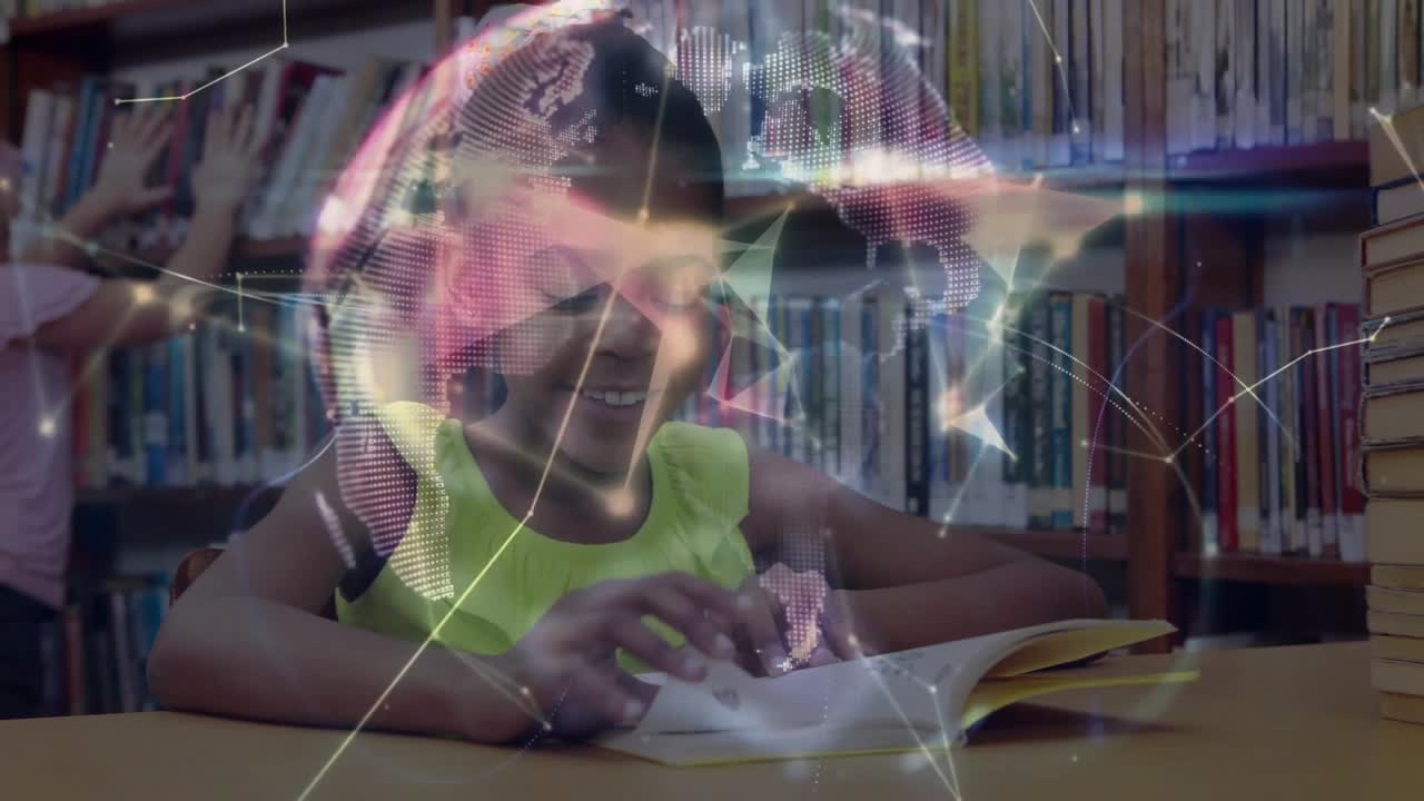 Boy opening book while girl browsing shelf in education library rotating globe exploring geography