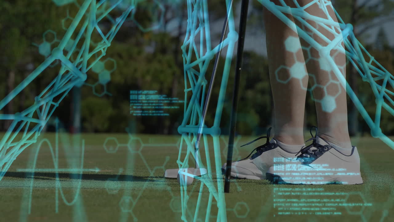 Golf putt being visualized through augmented reality overlays showing hexagonal, 3D wireframe data