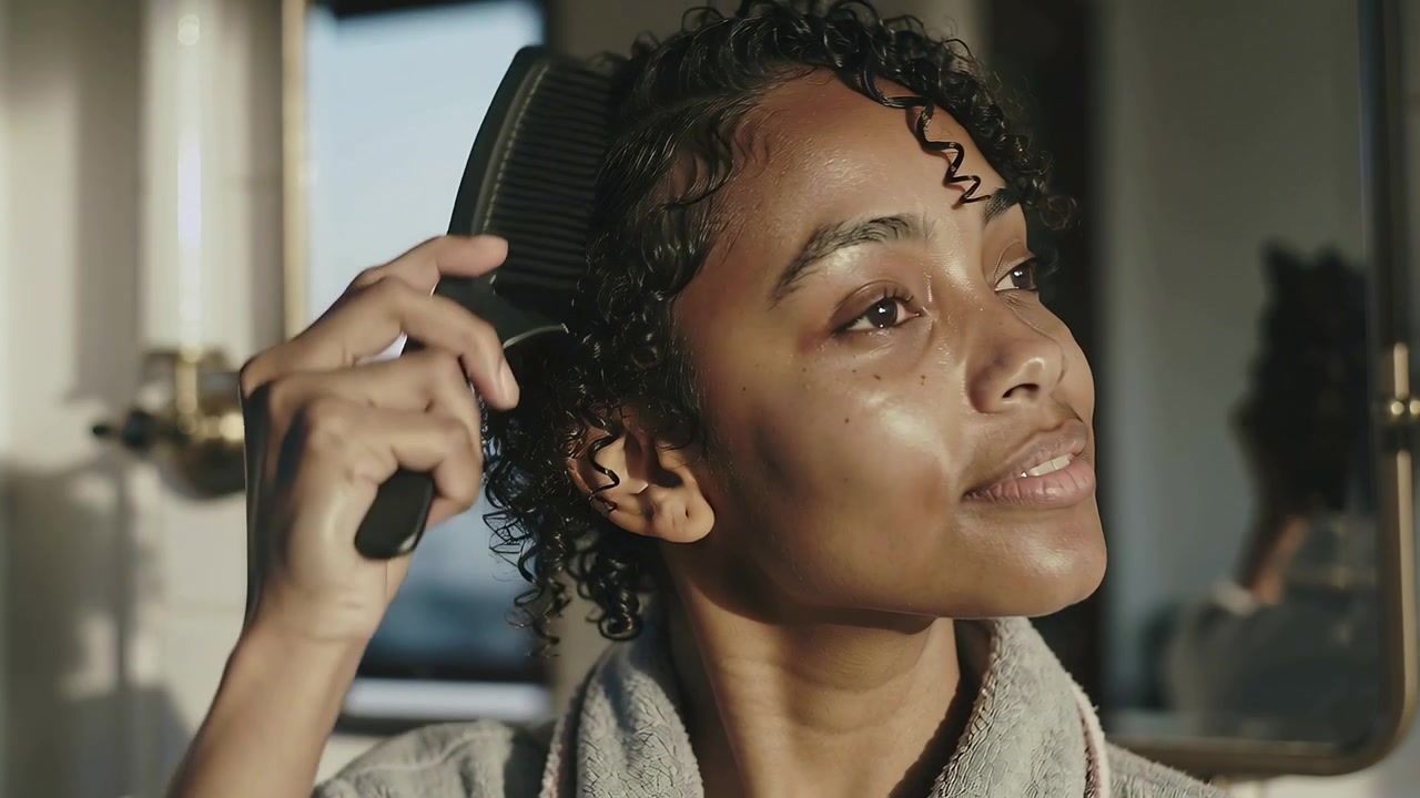 Lifting wide-tooth comb, woman grooming damp curls with comb at vanity in bathrobe, checking mirror