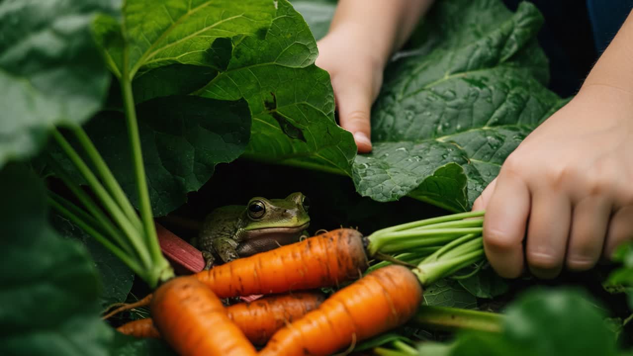 A Curious Frog Among Freshly Harvested Carrots and Vibrant Greens Captured in Nature's Bounty