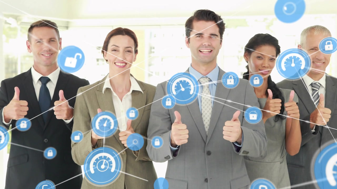 5-member business team holding thumbs up blue HUD appearing overlaying group boosting security