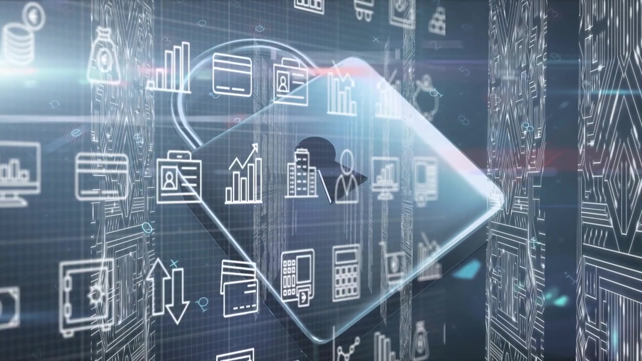 Animation of data processing and padlock over server room