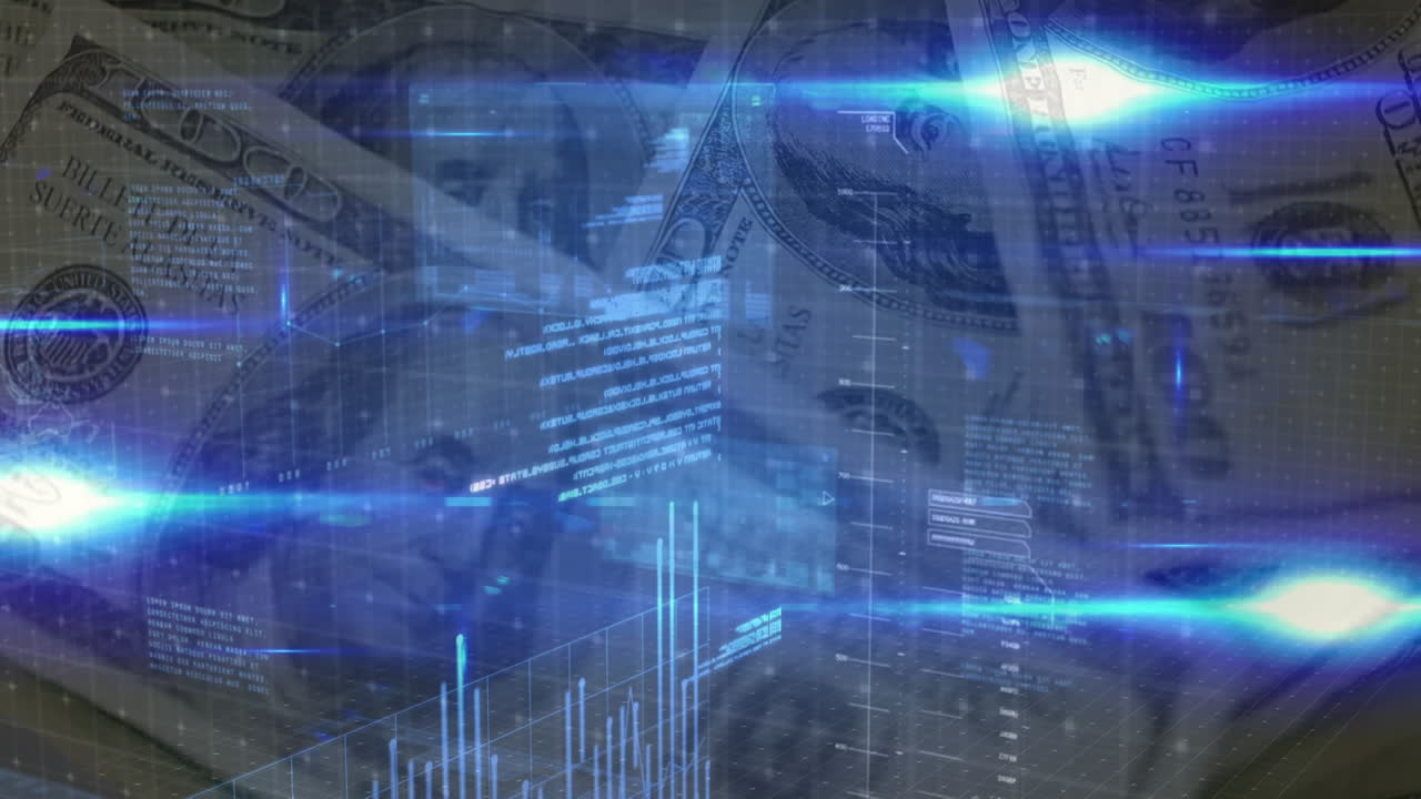 animación del procesamiento de datos sobre billetes de dólares estadounidenses