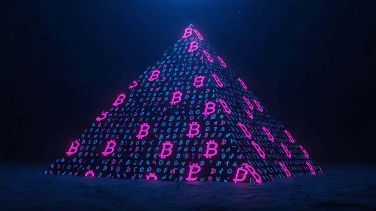 A Stunning Digital Pyramid Illuminated by Vibrant Bitcoin Symbols and Binary Code, Capturing the Essence of Cryptocurrency in a Futuristic Design