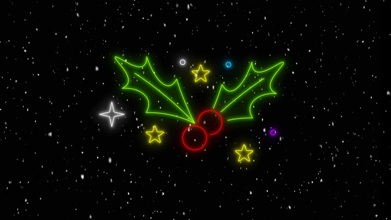 Animaatio neon-mistelistä lumisateen päällä mustalla taustalla jouluna