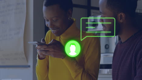 animation of neon profile and message icon against african american woman taking a picture at a cafe