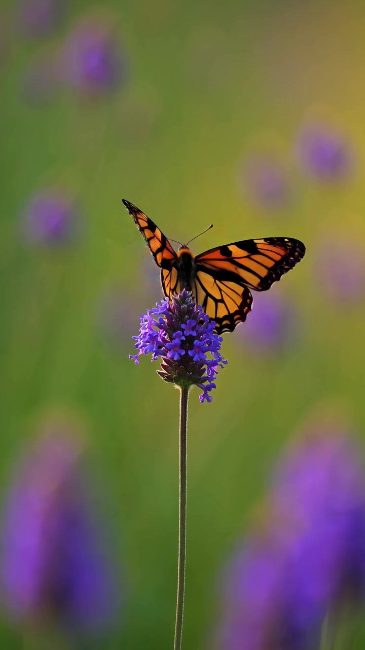 Farfalla monarca che batte delicatamente le ali su un fiore viola
