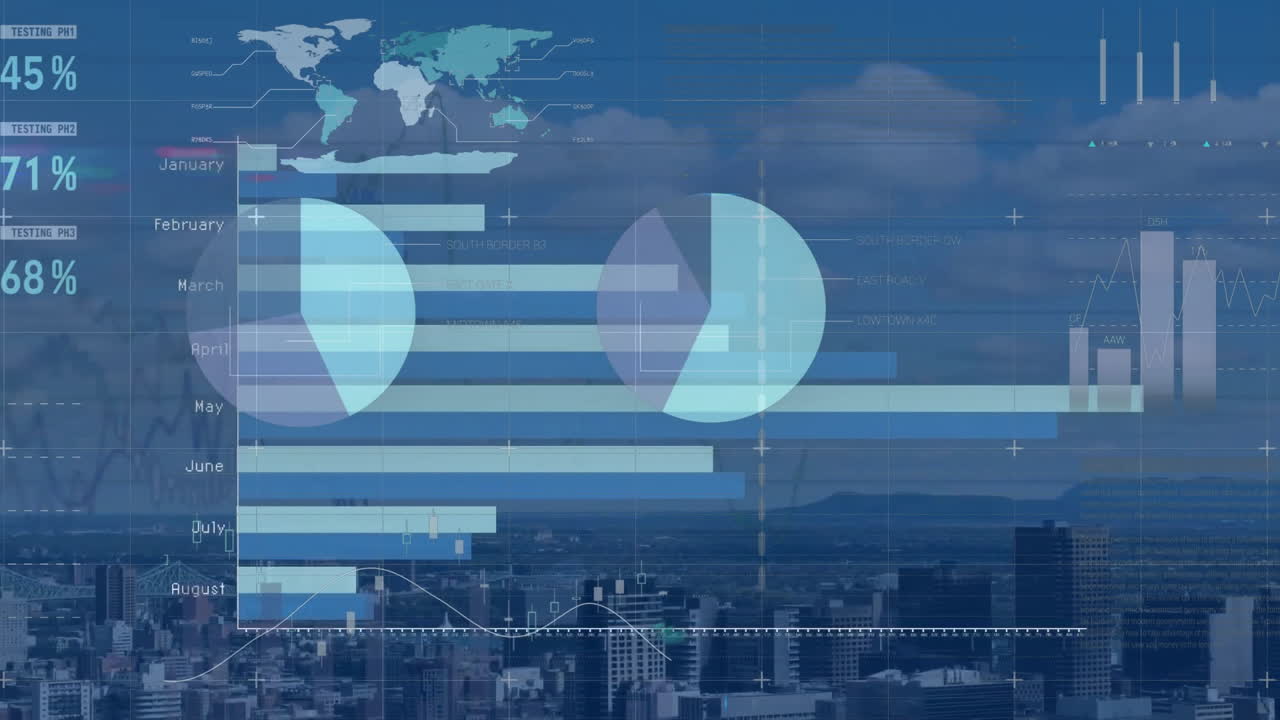 Animation of data processing and diagrams over cityscape