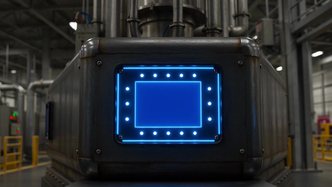 Industrial Control Panel with Glowing Blue Screen and Lights