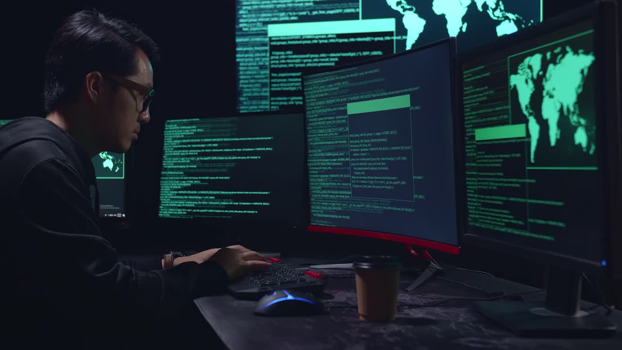 Asian Male Hacker Hacking With Multiple Computer Screens In Dark Room
